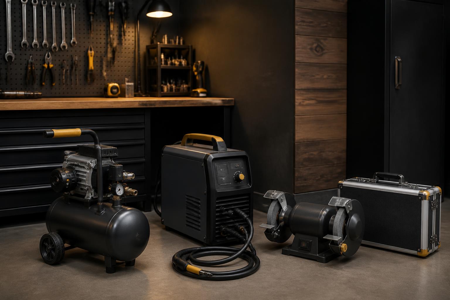 Oficina organizada com compressor portátil, máquina de solda, esmeril de bancada e maleta técnica